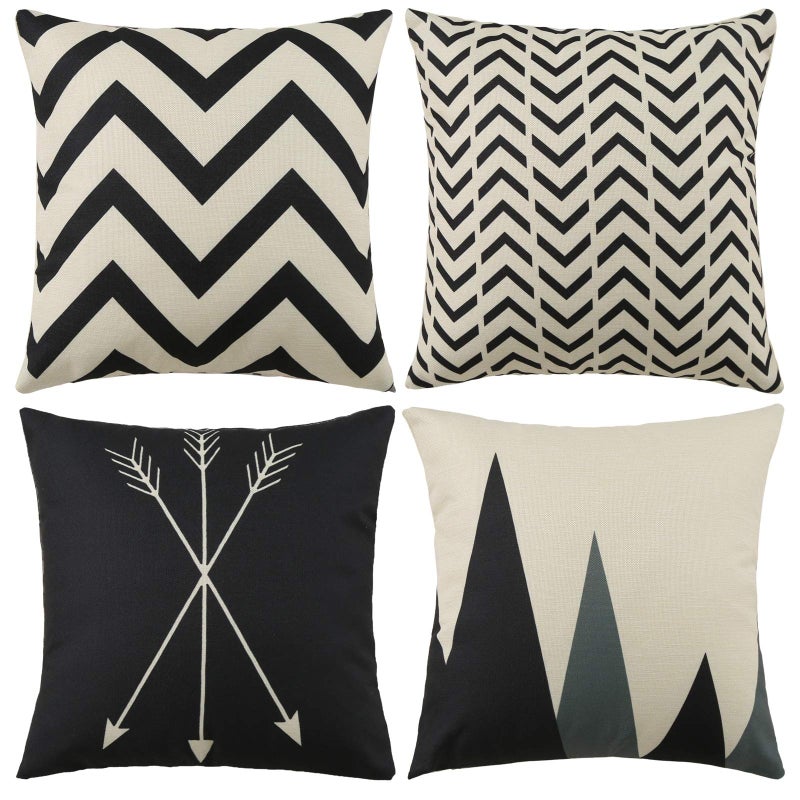 Tosewever Set of 4 Decorative Geometric 18 x 18 Inches Throw Pillow Covers - Modern Pattern Linen Square Pillow Cushion Case for Sofa Couch Bed Home Outdoor Car (18"" x 18""  Beige/Black) - Image 1